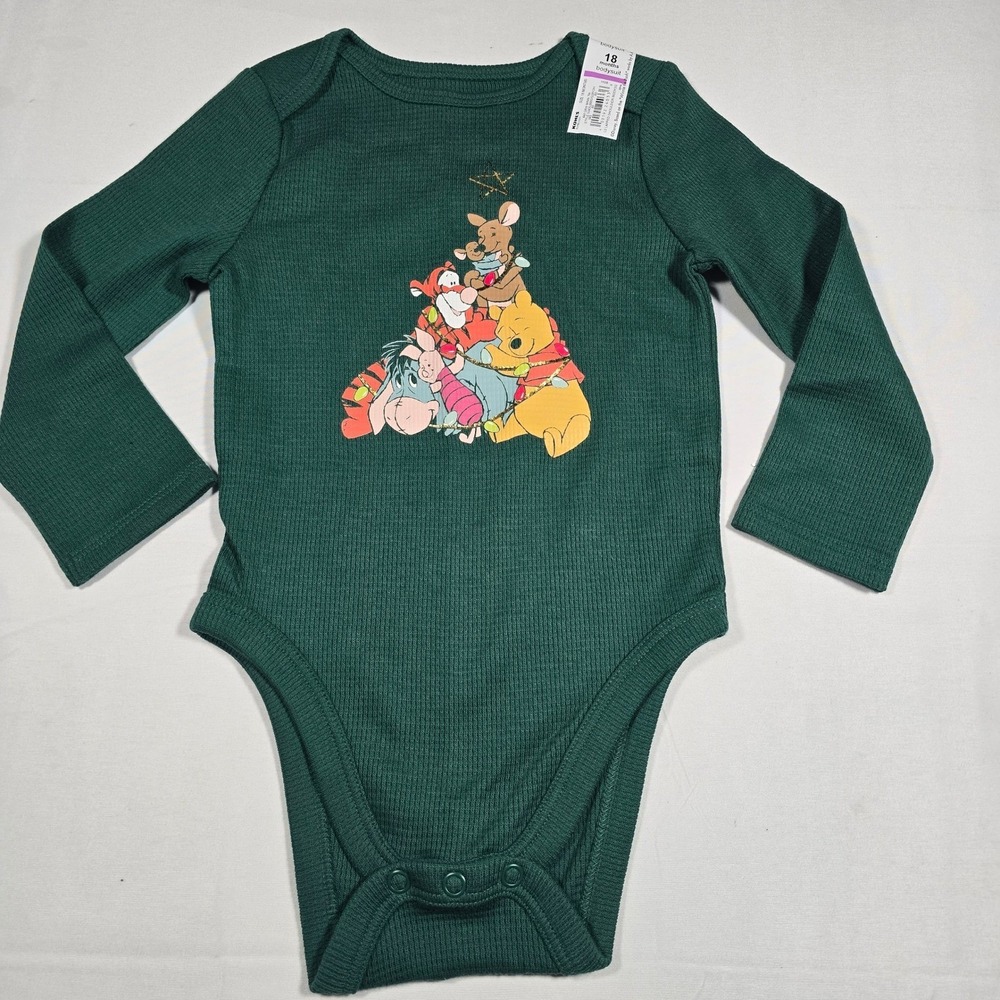 Disney Winnie the Pooh Christmas Waffle Knit Bodysuit Green 18M NWT